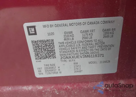 2021 Chevrolet Equinox Awd Lt from USA, damaged, VIN 2GNAXUEV3M6119371